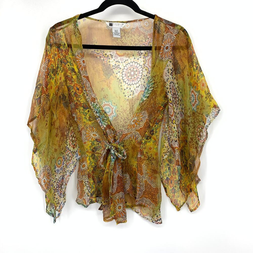 Carole Little Tie Front Wrap Top Womens Size Medium Angel Wing Sleeves Sheer